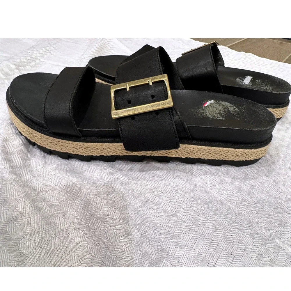 Sorel Women's‎ Leather Slide Sandals Black Buckle Espadrille Platform Size 9.5